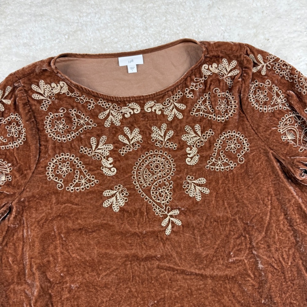 J. Jill Top Women L Brown Velvet Paisley Embroidered 3/4 Sleeve WTP229041